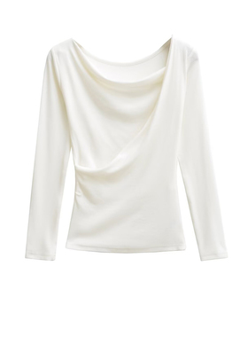 长期主义不规则一字肩斜肩长袖上衣女T恤春季显瘦收腰内搭打底衫