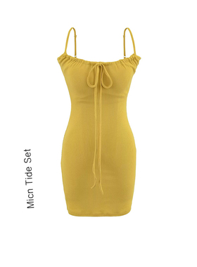 纯欲高级感U领系带吊带连衣裙女夏新款性感修身显瘦黄色包臀短裙