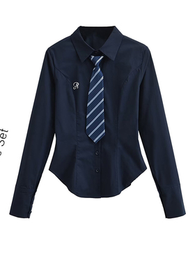 BM MICN学院风带领带长袖衬衫女春秋新款辣妹修身收腰显瘦上衣