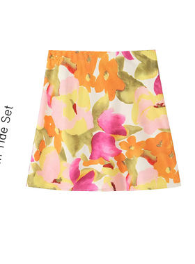 少女感十足高腰遮垮显腿长花色印花短裙女油画碎花显瘦短款A字裙