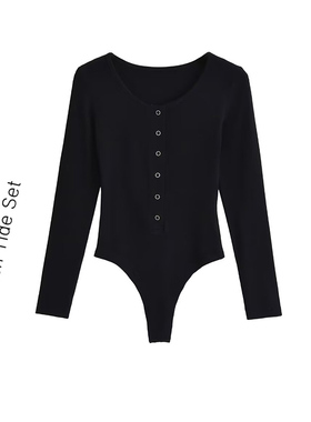 MICN 亨利V领修身黑色长袖连体衣欧美辣妹长款连档T恤女连身上衣