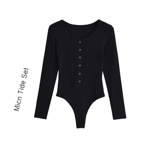 MICN 亨利V领修身黑色长袖连体衣欧美辣妹长款连档T恤女连身上衣