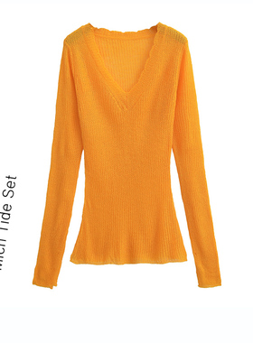 复古大V领套头露肩长袖毛衣女2025年冬季优雅氛围感显瘦毛针织衫