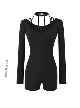 BM MICN黑色连体裤女秋季长袖连体衣设计感修身挂脖镂空辣妹短裤