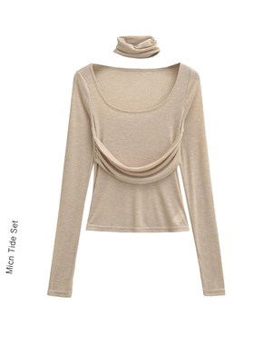 MianCun温柔纸片人一体式挂脖围巾打底辣妹长袖T恤女纯欲微透上衣