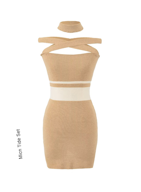 MICN挂脖一字肩缠绕绑带羊毛针织连衣裙女纯欲紧身打底包臀短裙