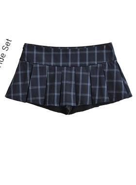 BM MICN学院风显瘦jk风超短款格子短裙女低腰蓝格纹防走光百褶裙