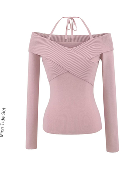 MICN美式辣妹小众设计感温柔风交叉露肩针织衫显瘦挂脖打底毛衣