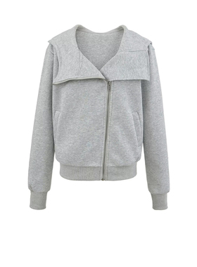 MianCun黑色拉链连帽卫衣女修身百搭设计感翻领美式开衫外套上衣