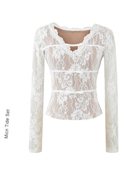 BM MICN独宠收腰设计感蝴蝶结V领T恤蕾丝打底衫女纯欲内搭上衣