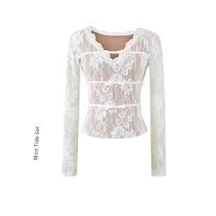 BM MICN独宠收腰设计感蝴蝶结V领T恤蕾丝打底衫女纯欲内搭上衣