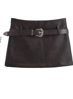 MICN美式酷辣妹显瘦百搭短裙女皮裙子设计感黑色腰带PU皮半身裙子