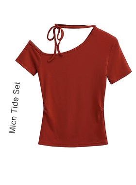 BM MICN美式复古红色斜肩露肩修身短袖t恤女夏季新款辣妹打底上衣