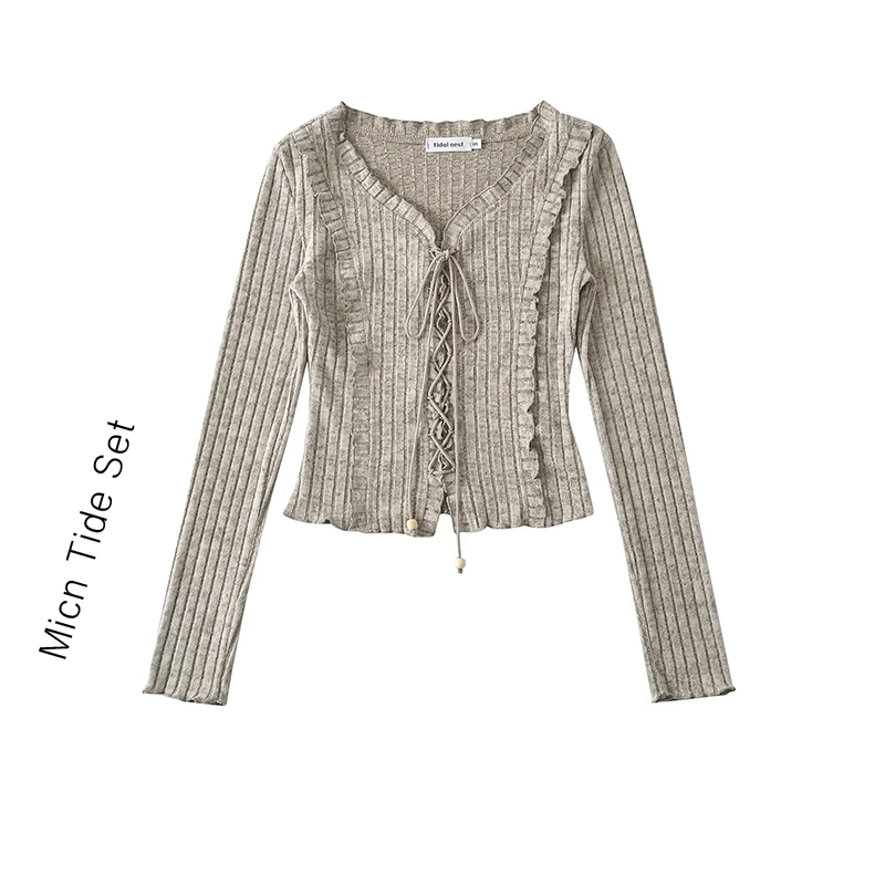 木耳边绑带V领针织衫女