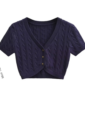 BM MICN新款V领三粒扣纽扣麻花短袖针织小开衫女显瘦短款毛衣上衣