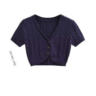 BM MICN新款V领三粒扣纽扣麻花短袖针织小开衫女显瘦短款毛衣上衣