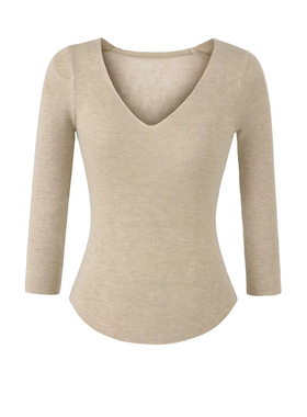 BM MICN奶茶色V领羊毛针织打底衫女基础款百搭修身显瘦七分袖上衣