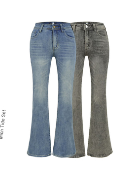 MianCun美式烟灰色修身弹力紧身裤水洗低腰裤喇叭裤蓝色牛仔裤女