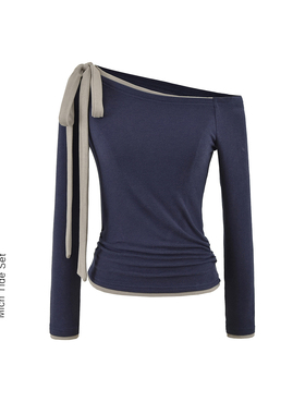 BM MICN斜肩针织上衣女早秋新款藏蓝色设计感独特绑带修身长袖t恤