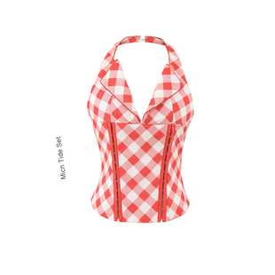 复古风红白格挂脖抹胸上衣女性感露背鱼骨收腰设计甜心翻领背心