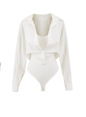 设计感收腰翻领衬衫女2025早秋新款连体白色长袖衬衣假两件上衣