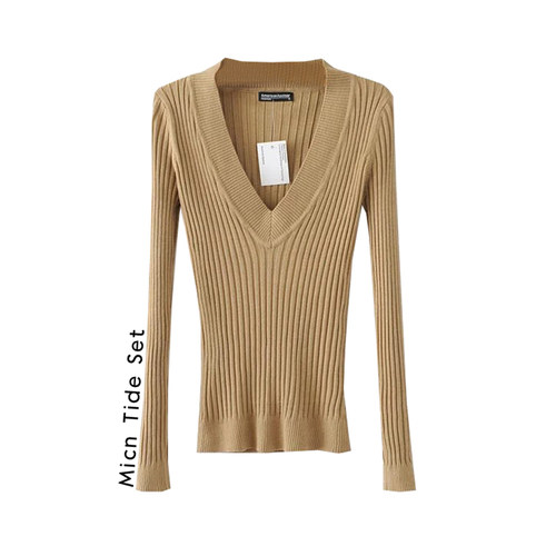 闭眼欧美V领低胸针织上衣