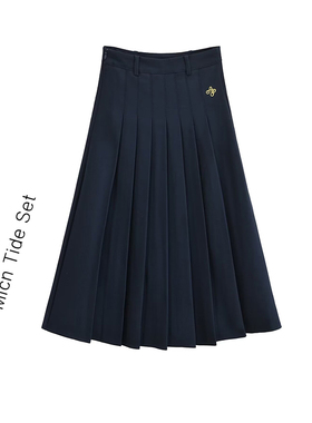 英式学院风高腰A字显瘦百褶长裙藏青通勤复古刺绣装饰垂感半身裙