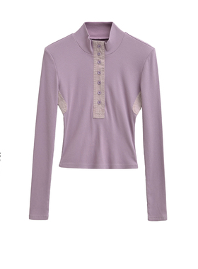 BM MICN立领长袖T恤女春季新款复古内搭打底衫收腰修身显瘦上衣