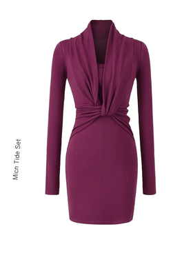 纯欲性感扭结V领长袖连衣裙女抹胸叠穿两件套小众收腰包臀长裙子