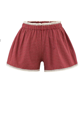 BM MICN美式复古红色格子蕾丝花边短裤女松紧腰休闲裤居家热裤