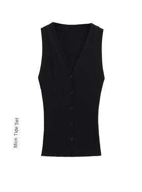 MICN小众简约黑色复古显瘦V领针织开衫马甲高级感修身无袖背心女
