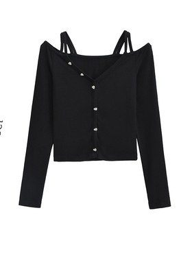 纯欲风露肩设计感小众打底衫内搭性感显瘦黑色一字肩长袖上衣女