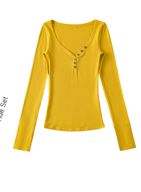 MICN基础款黄色v领性感上衣女显身材显白姜黄色亨利衫显瘦长袖t恤