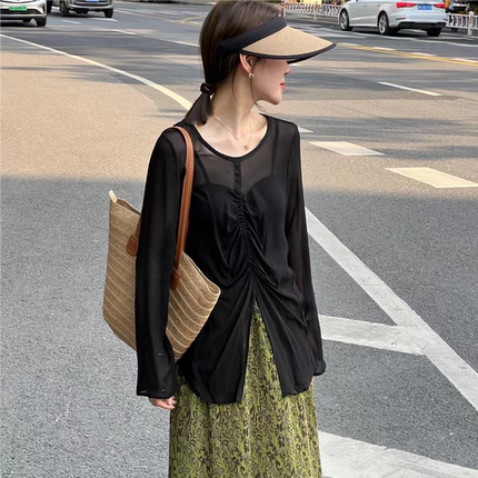 欧货设计感抽褶开叉长袖夏季新款宽松黑色防晒上衣女天丝百搭T恤