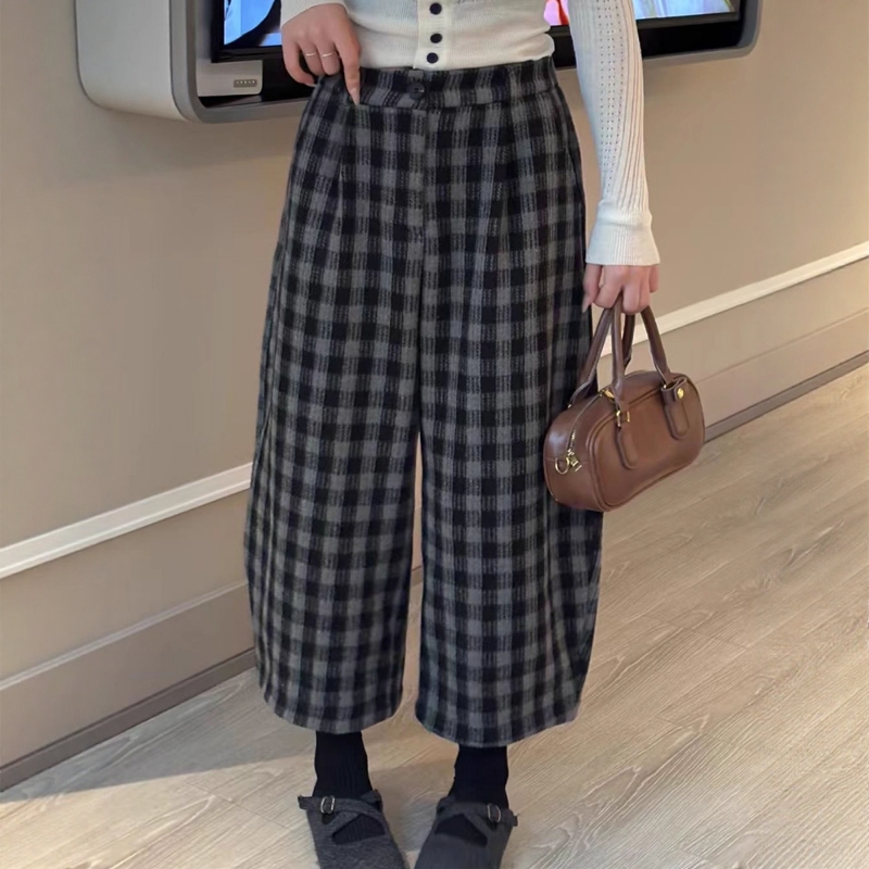 加绒加厚羊绒复古格子阔腿八分裤