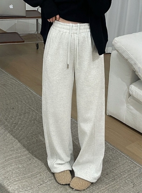 抽绳花灰色阔腿卫裤女2026春季新款宽松显瘦休闲直筒两穿运动长裤