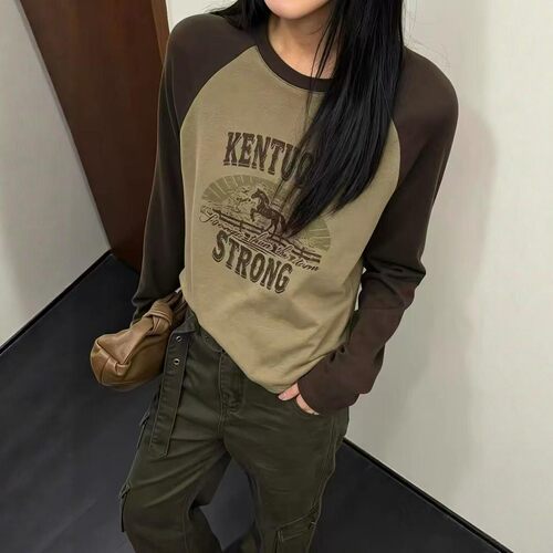 美式复古字母印花长袖T恤女