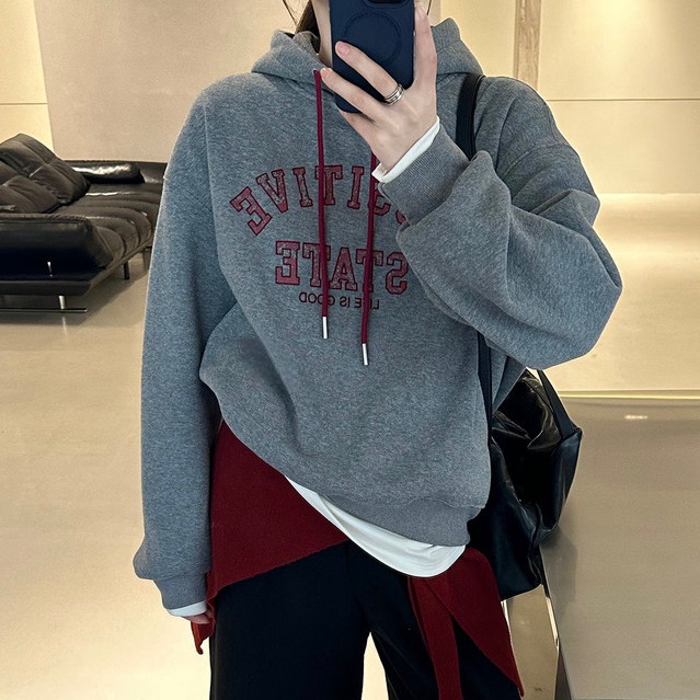 冬季加绒加厚宽松休闲字母卫衣女