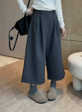 羊绒呢八分阔腿裤女加绒加厚2025冬季新款小个子休闲靴裤直筒裤