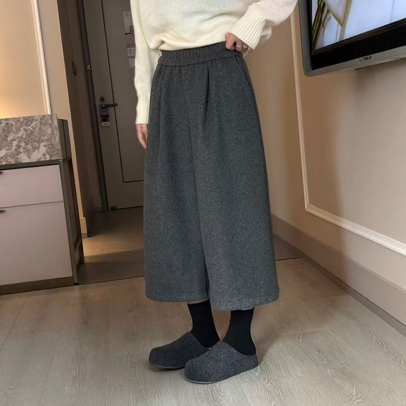 松紧腰羊毛呢加绒八分阔腿裤女