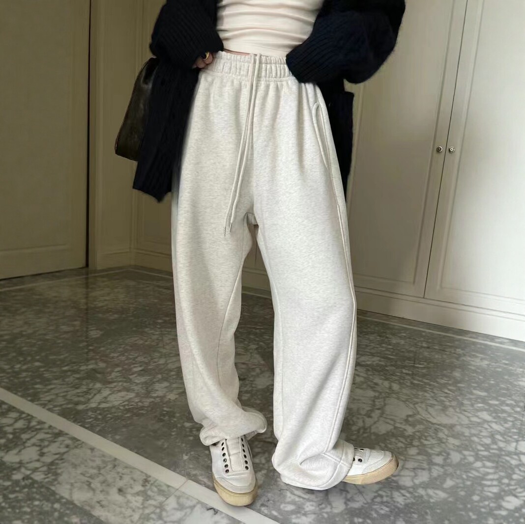 花灰色抽绳阔腿卫裤女2026春夏新款宽松休闲直筒束脚两穿运动长裤