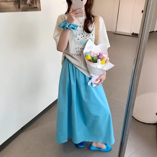 T恤 新款 卡通字母印花短袖 蓝色半身裙两件套女2025夏季 潮 时尚 套装