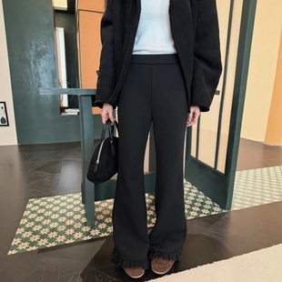 脚木耳花边休闲长裤 松紧腰加绒微喇叭裤 宽松显瘦裤 新款 女2025冬季