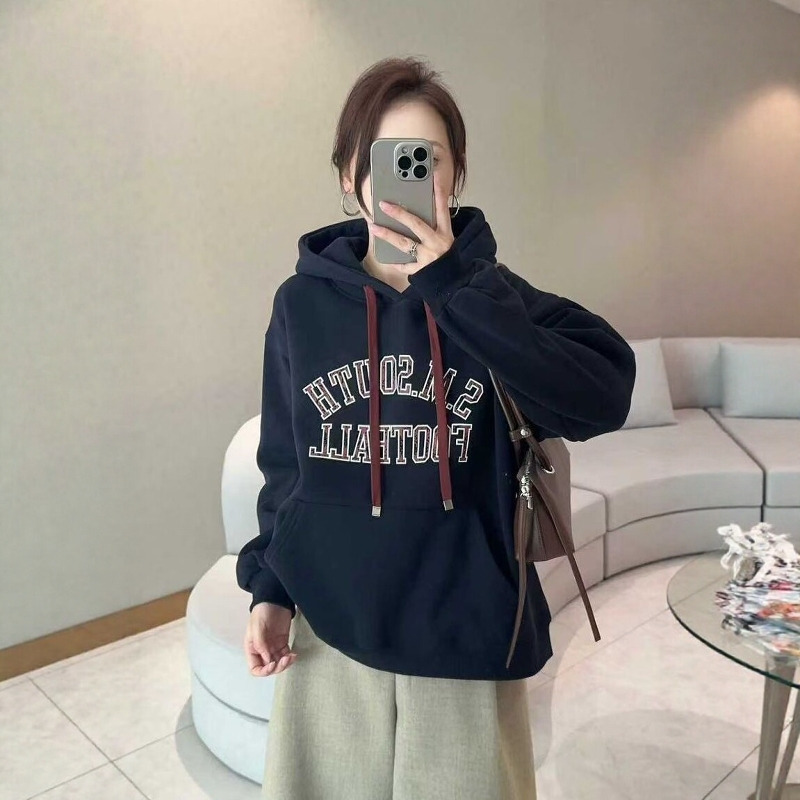 复古字母连帽加绒加厚卫衣女