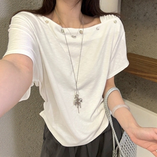 一字领露肩纽扣短袖T恤女欧洲站2026夏季新款欧货女装INS打底衫潮