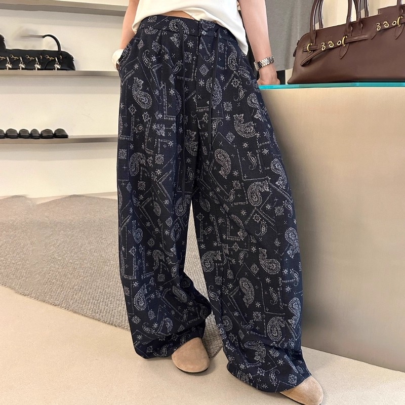 抽绳高腰国风印花阔腿裤女2025