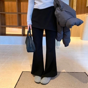 韩系叠穿拼接显瘦休闲裙裤 新款 女加绒2025冬季 假两件屁帘微喇叭裤
