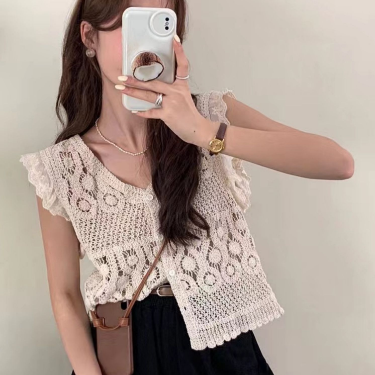 甜美编织镂空蕾丝拼接罩衫两件套