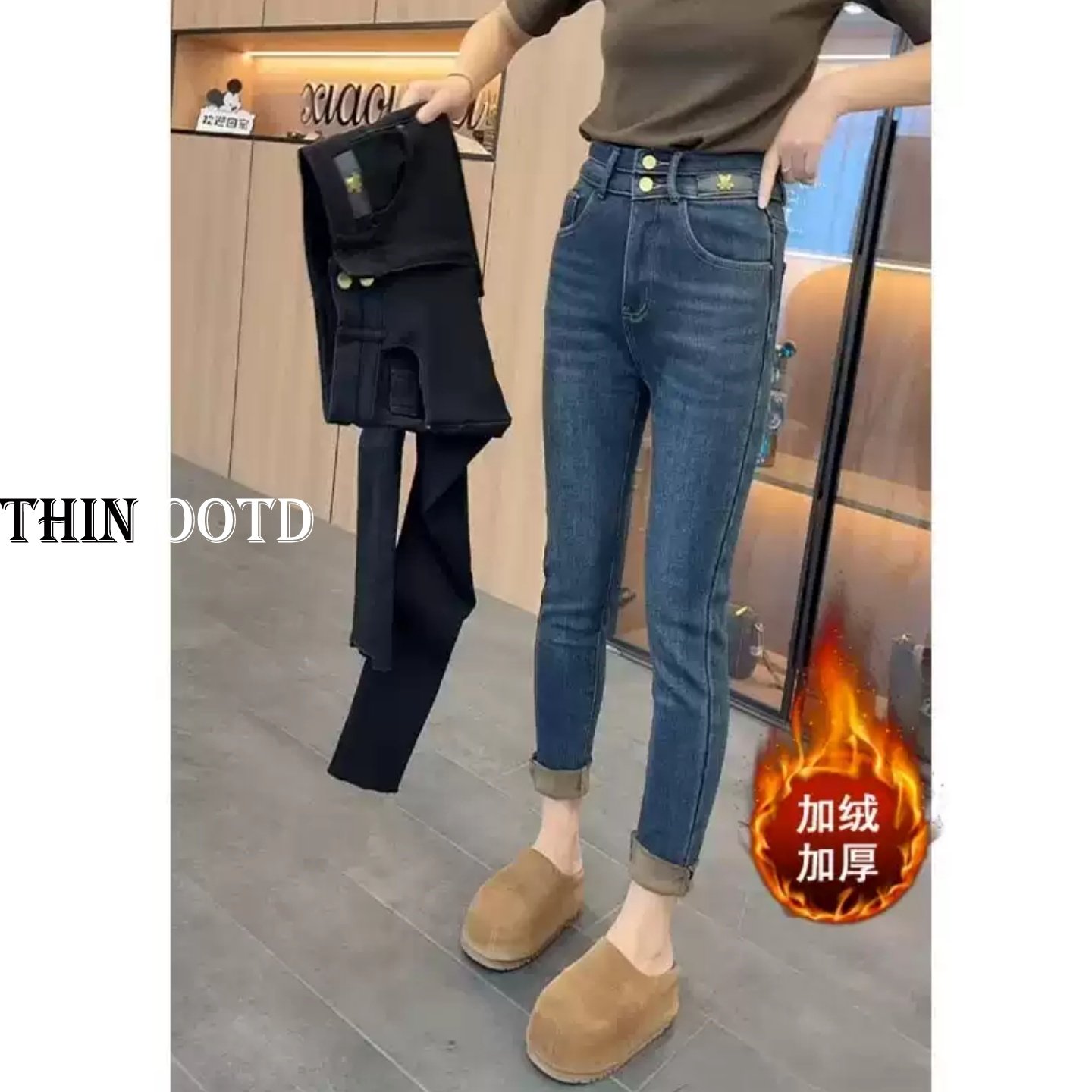 加绒保暖小脚牛仔裤女秋冬高腰修身显瘦九分复古直筒弹力铅笔裤子