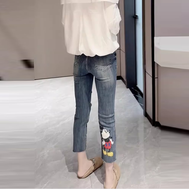 破洞牛仔裤女夏薄款弹力高腰显瘦铅笔裤洋气小脚裤八分刺绣烟管裤